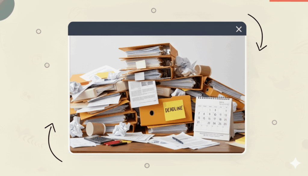 A wooden desk piled high with papers, binders, a calendar, crumpled notes and coffee cups with a sticky note saying DEADLINE