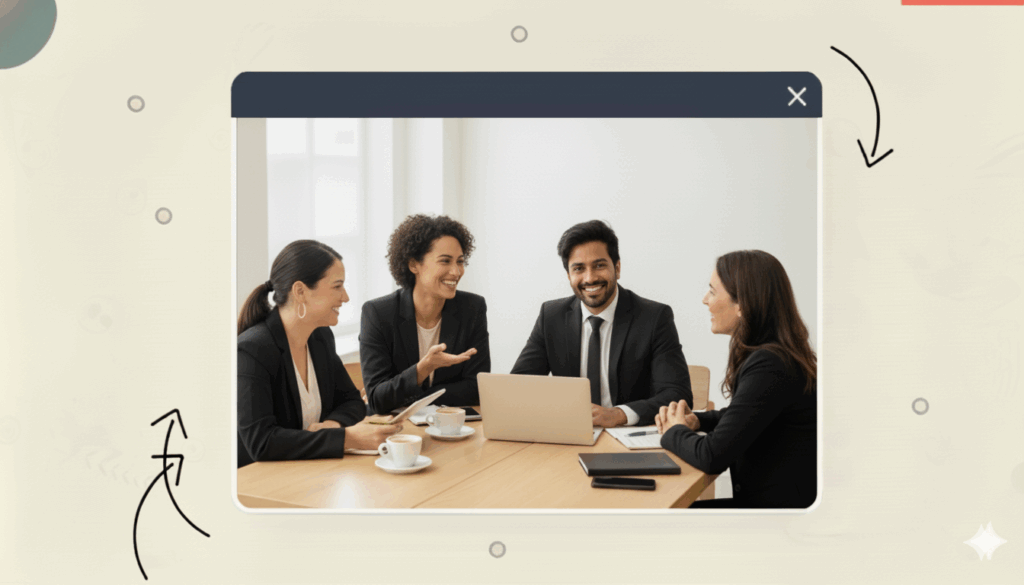 A group of small business owners sitting around a table smiling and talking together